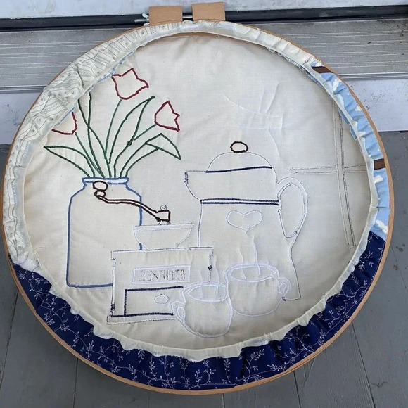 VINTAGE NEEDLE CRAFT EMBROIDERY COFFEE TABLE COTTAGECORE HOME DECOR HANDMADE 19” - Picture 4 of 5